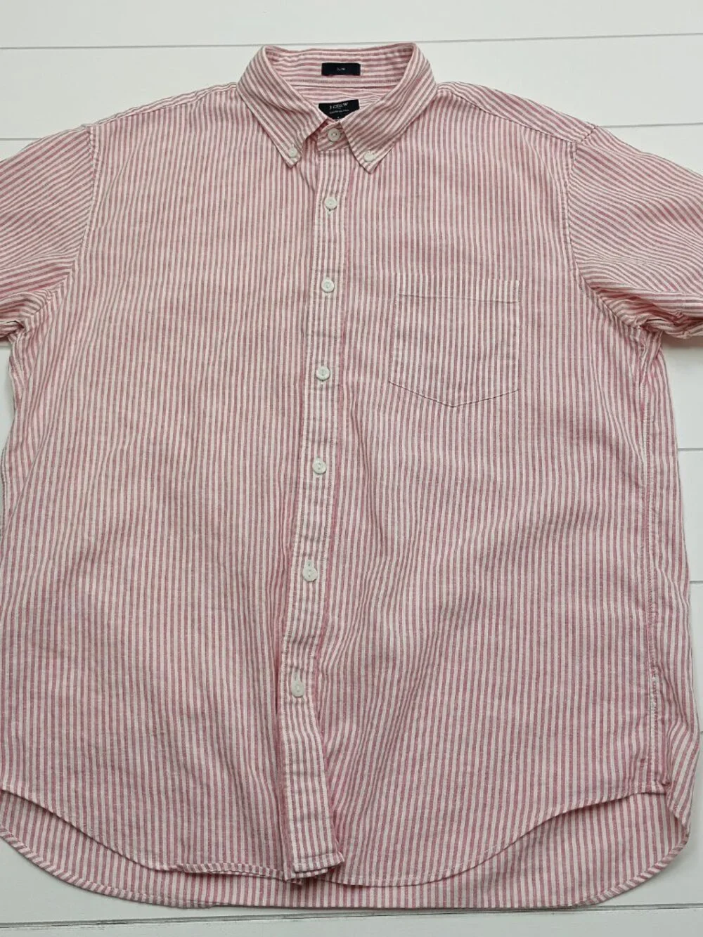J.Crew Slim Linen Cotton Shirt Red Stripe Button Down Men's L Preppy Casual